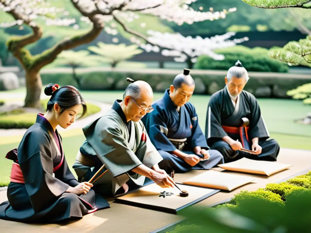 Transición de samuráis retirados practicando caligrafía en un sereno jardín japonés, con la suave luz matutina iluminando sus expresiones concentradas y los elegantes trazos de sus pinceles creando hermosos caracteres en papel washi