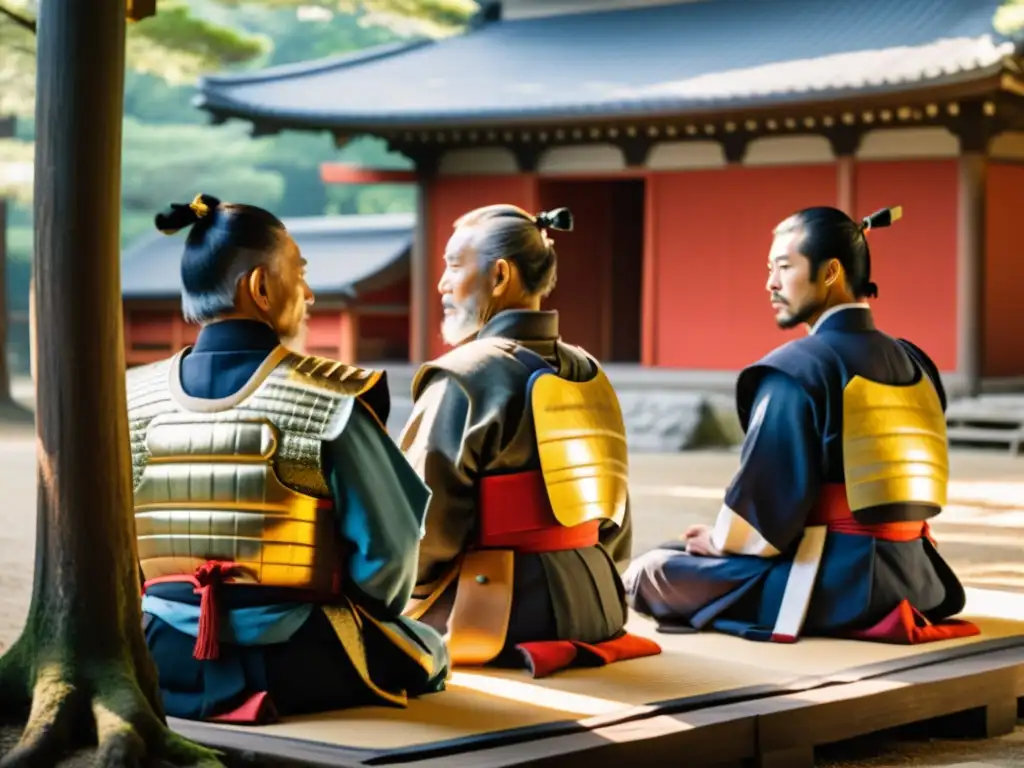 Samuráis retirados en ceremonia de té, honrando tradición y transición en templo japonés bajo la luz dorada