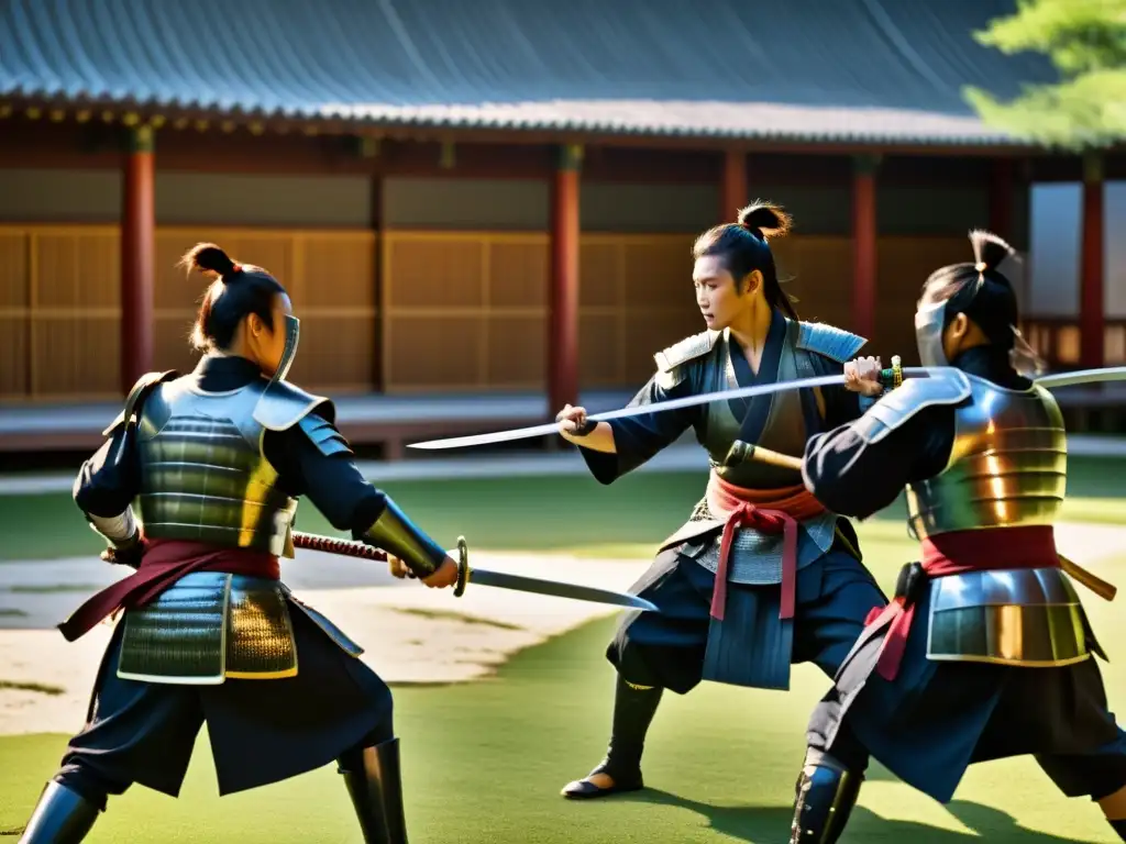 Samuráis practican técnicas en un patio de bambú al atardecer, mostrando influencia china en tácticas samuráis