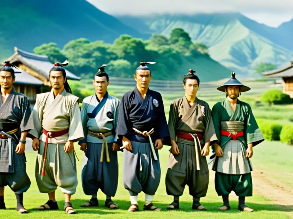 Los siete samuráis en vestimenta tradicional, representando la ética samurái en la película Kurosawa