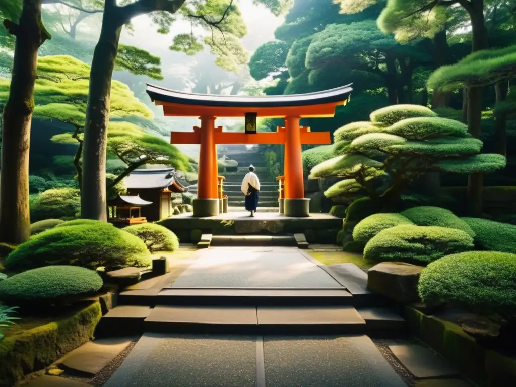 Un santuario sereno en la exuberante naturaleza japonesa, reflejando la espiritualidad en la vida samurái