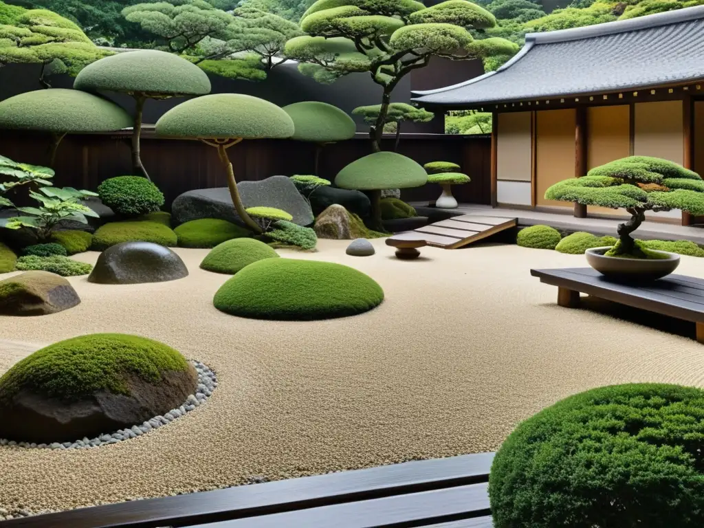 Jardín seco japonés meticulosamente cuidado con rocas y grava, reflejando la tranquilidad y equilibrio del liderazgo de los señores feudales en Japón