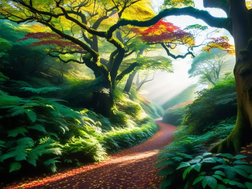 Un sendero mágico en un bosque encantado, bañado por la luz dorada del sol