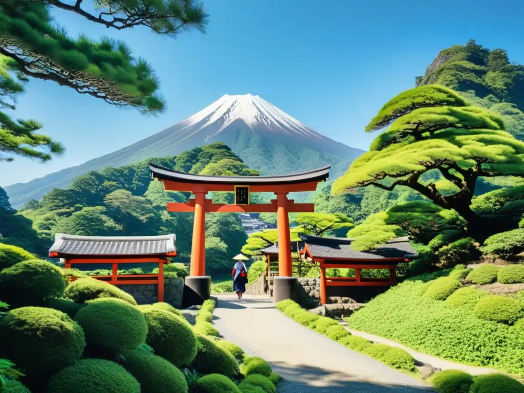 Un sendero montañoso rodeado de exuberante vegetación, con una puerta torii japonesa