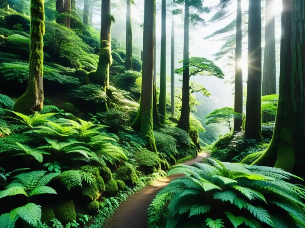 Un sendero serpenteante atraviesa el exuberante bosque de Kyushu, Japón, entre antiguos cedros cubiertos de musgo