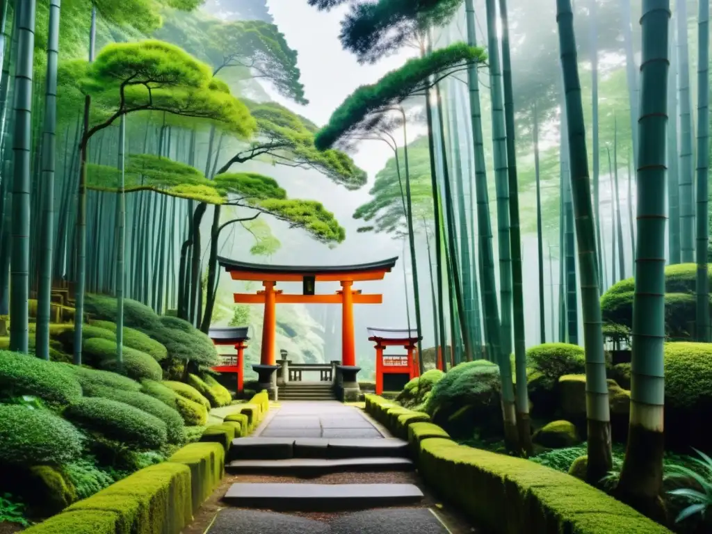 Senderos inspirados en la cultura samurái: Bosque japonés sereno con caminos de piedra cubiertos de musgo, bambú y un torii rojo en la distancia