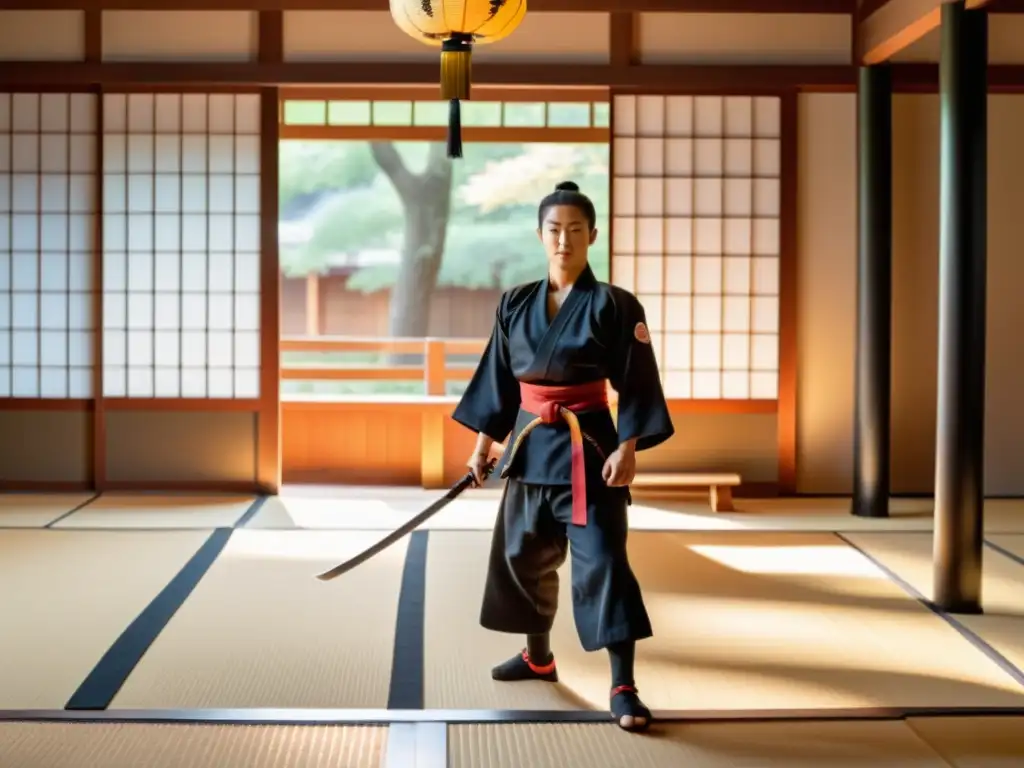 Un sensei de artes marciales en su dojo, con un katana reluciente, mientras los estudiantes practican técnicas precisas