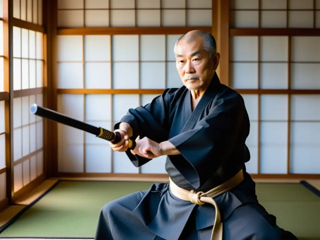 Sensei experimentado en un dojo de Iaido, demostrando una técnica de espada precisa con reverencia y expertise