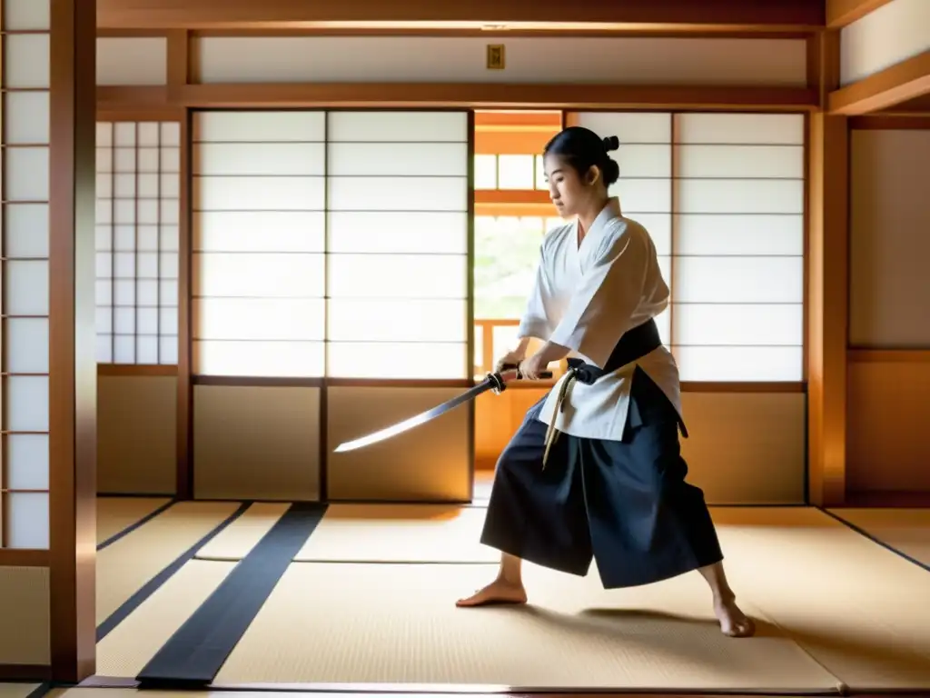 Un sensei experimentado extrae con suavidad un katana brillante en un dojo de Iaido para entrenar, creando un momento cautivador de poder sereno y control magistral