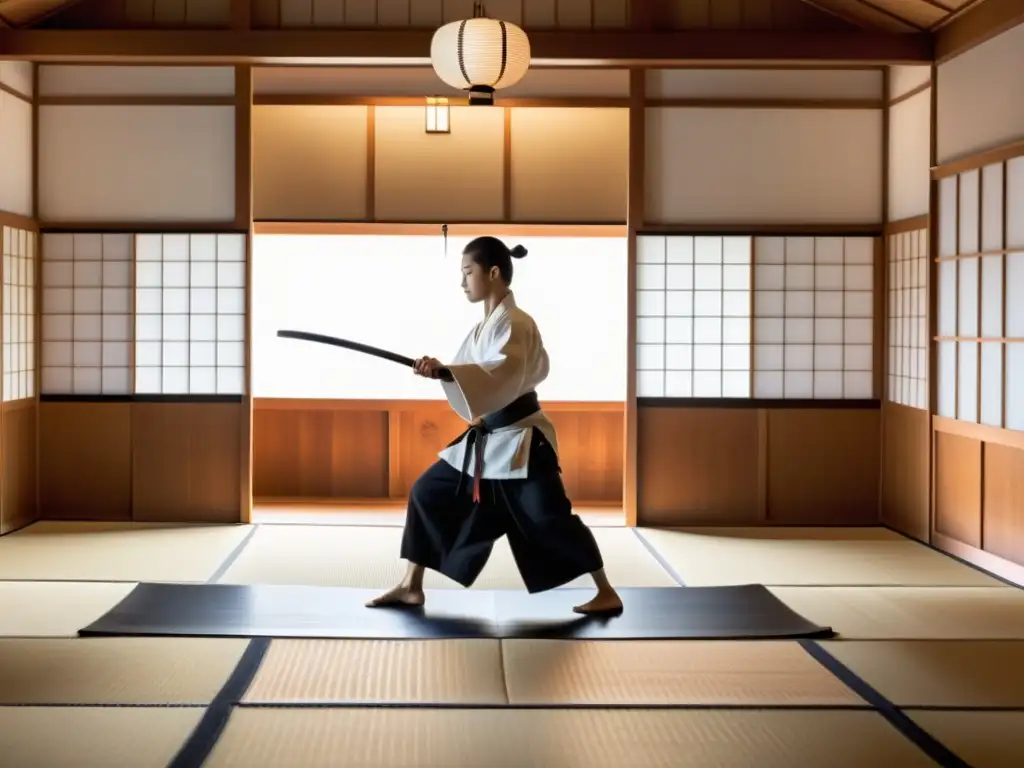 Un sensei de iaido muestra la precisión y gracia del arte marcial japonés en un dojo sereno