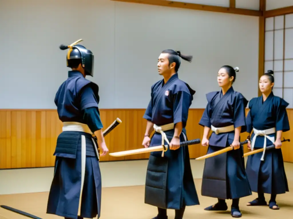 El sensei lidera a practicantes de Kendo con impecable técnica y postura en el dojo