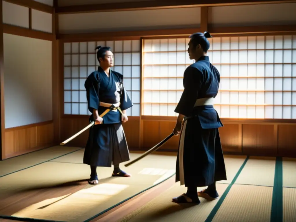 Sensei demostrando un preciso golpe de kendo mientras practicantes observan con respeto en un dojo iluminado