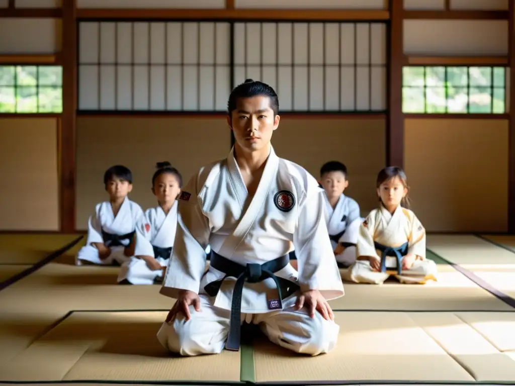 Un sensei guía a niños en uniformes de artes marciales samurái, practicando posturas en un dojo tradicional iluminado por la luz suave del sol