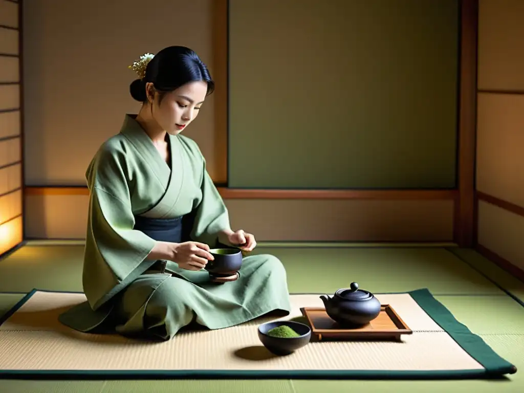 Una serena Ceremonia del té samurái en una habitación minimalista con una atmósfera contemplativa y elegantes kimonos