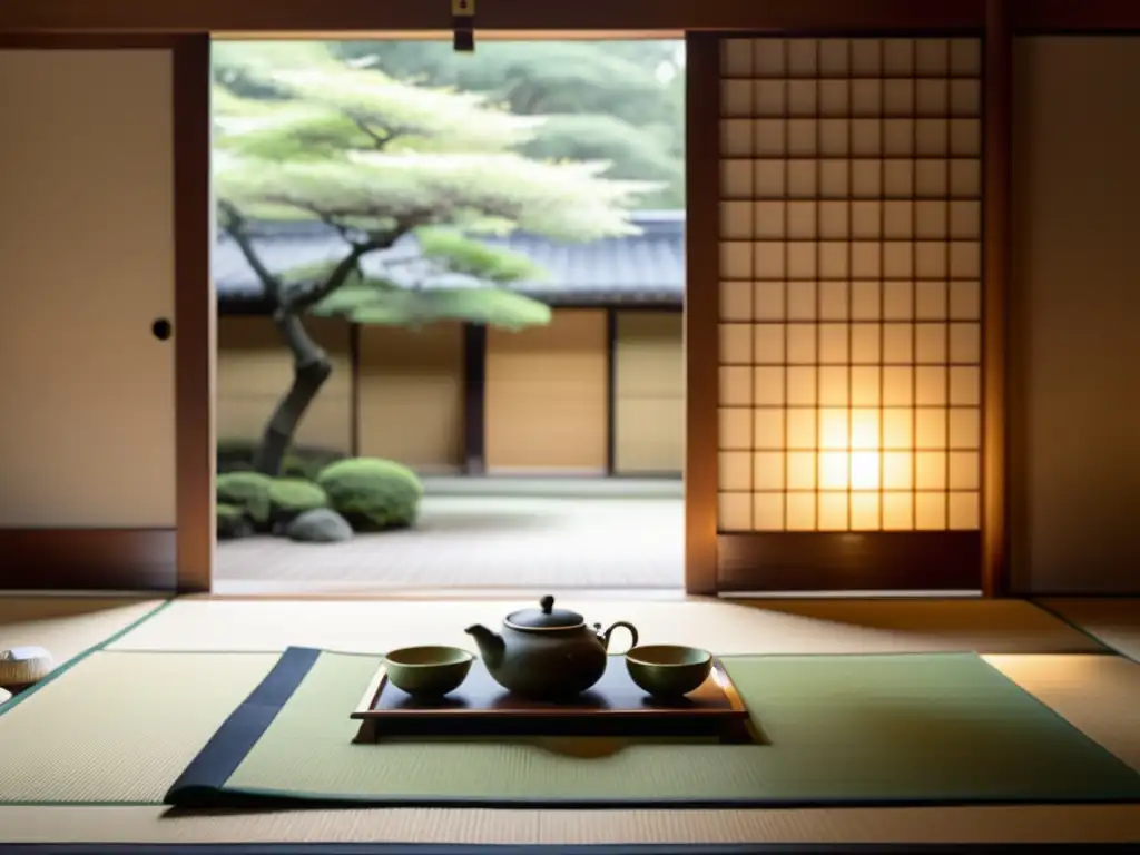 Una serena ceremonia del té japonés en una habitación minimalista con luz natural, evocando la Rebelión romántica Saigo Takamori