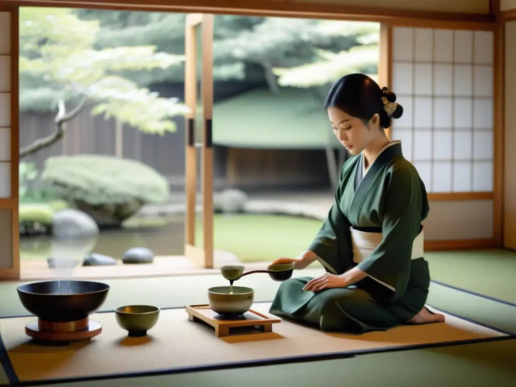 Una serena ceremonia del té japonés en una habitación minimalista con jardín y estanque