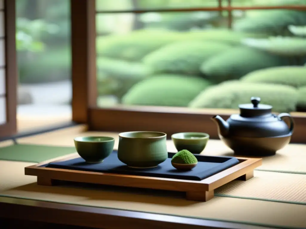 Una serena ceremonia del té japonés en una habitación minimalista iluminada por luz natural, capturando la esencia de la dieta del samurái para salud