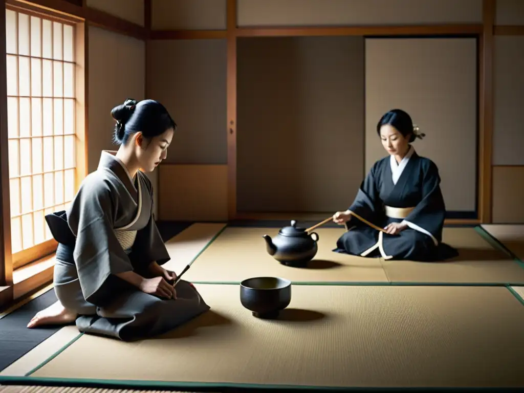 Una serena ceremonia del té japonés en una habitación minimalista