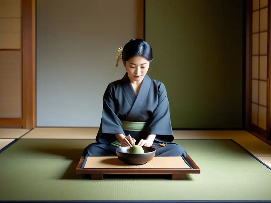 Una serena ceremonia del té japonés en una habitación de tatami, con la gracia de un maestro del té vistiendo un kimono, preparando matcha en un cuenco de cerámica mientras la suave luz filtra a través de las pantallas shoji, creando una atmósfera tranquila