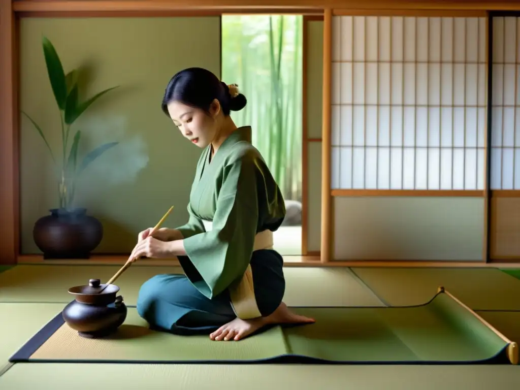 Exquisita ceremonia del té japonés: preparación precisa y elegante Una serena ceremonia del té japonés con un maestro del té preparando matcha en una habitación tradicional