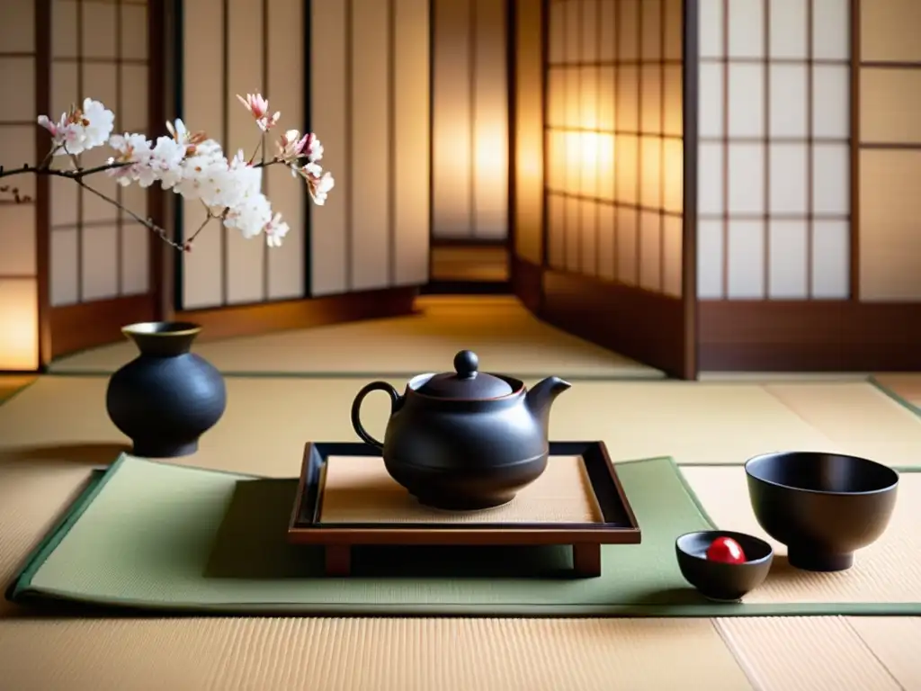 Serena ceremonia del té japonés con sets de laca y kimono de seda, evocando la gracia atemporal