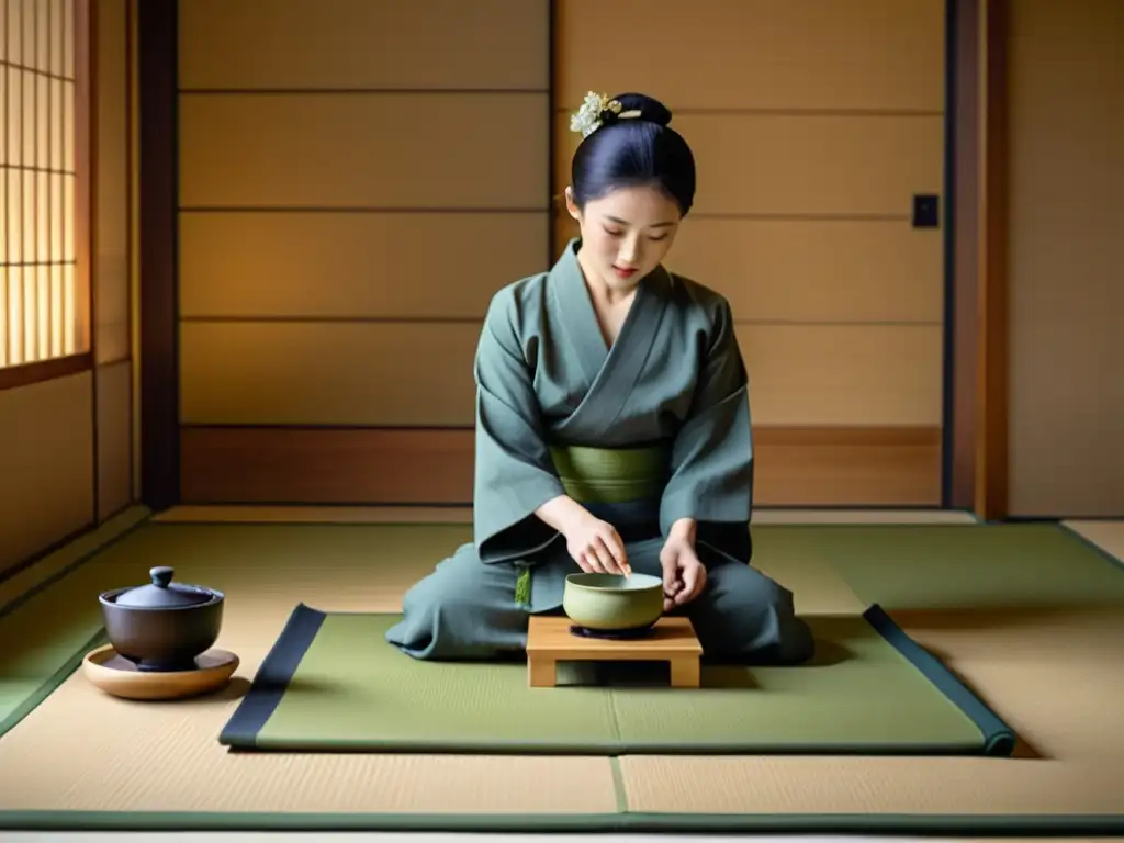 Una serena ceremonia del té japonesa en una habitación minimalista con luz natural