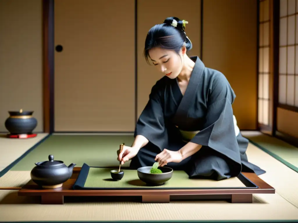 Una serena ceremonia del té en samurái, con un maestro del té sirviendo matcha en una elegante sala de tatami