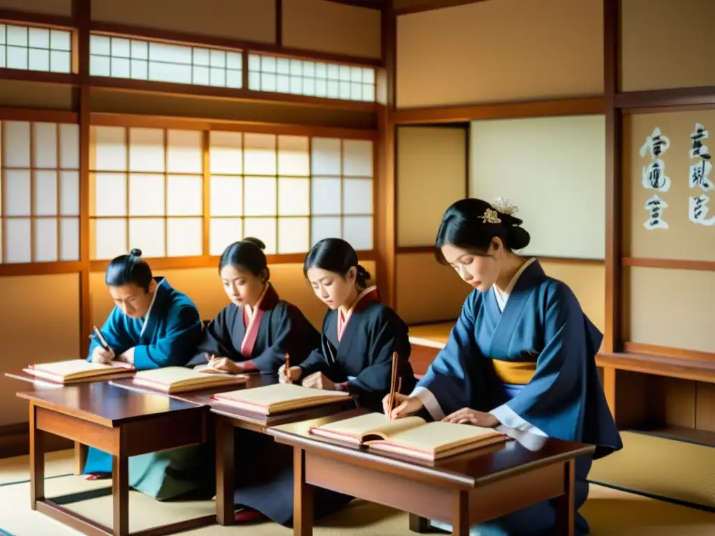 Una serena escena educativa en la era Meiji, con estudiantes y maestro en un aula tradicional japonesa, iluminada por luz natural