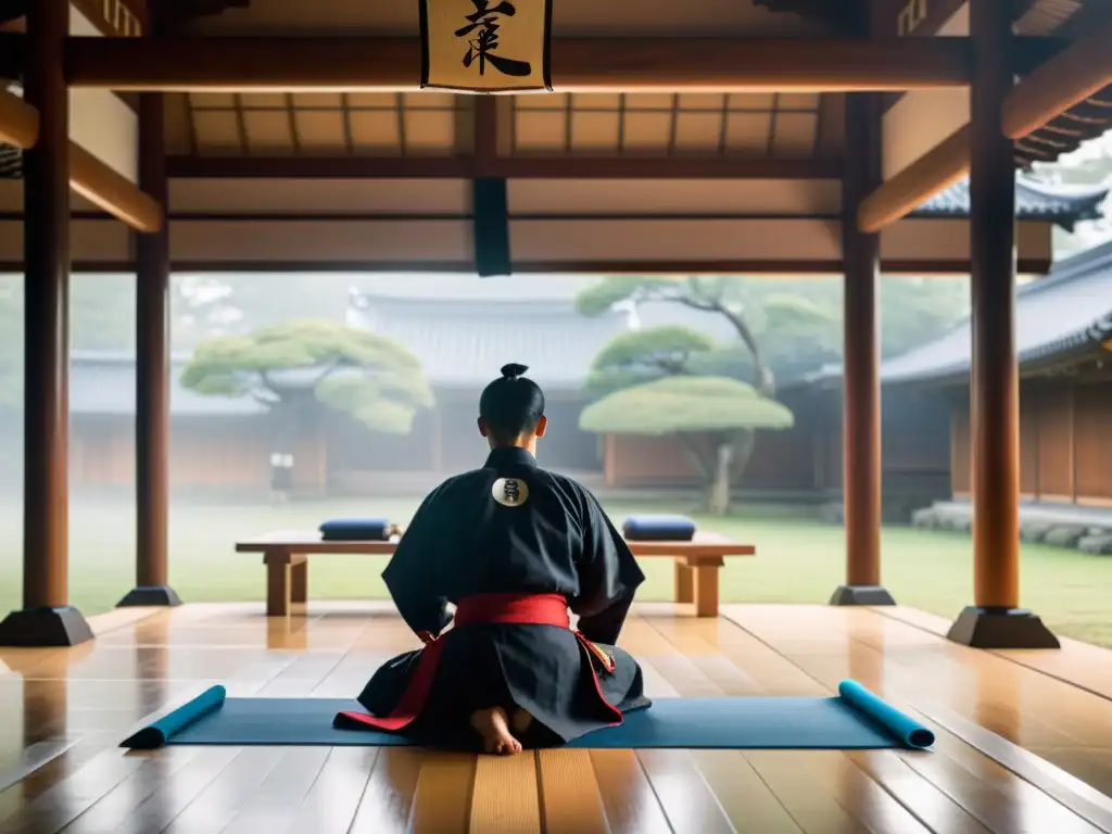 Una serena imagen de un dojo japonés tradicional al amanecer, con neblina baja alrededor