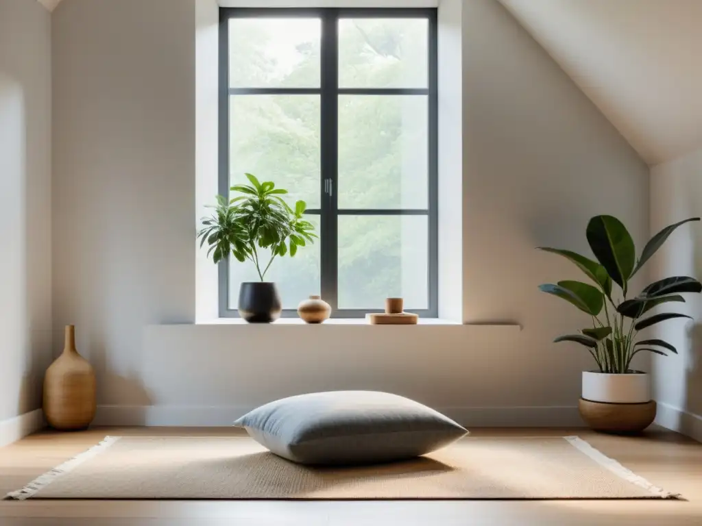 Una serena habitación minimalista con luz natural, decoración calmada y elementos zen