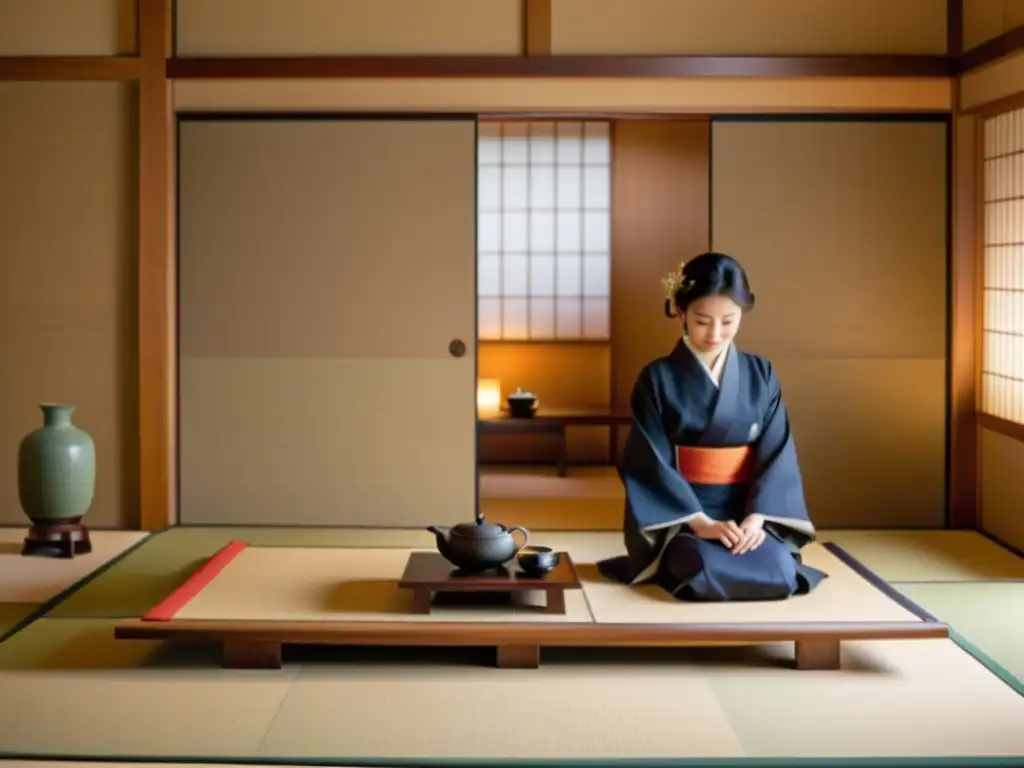 En la serena sala de tatami, se celebra la ceremonia del té en un entorno minimalista y elegante, capturando el legado samurái