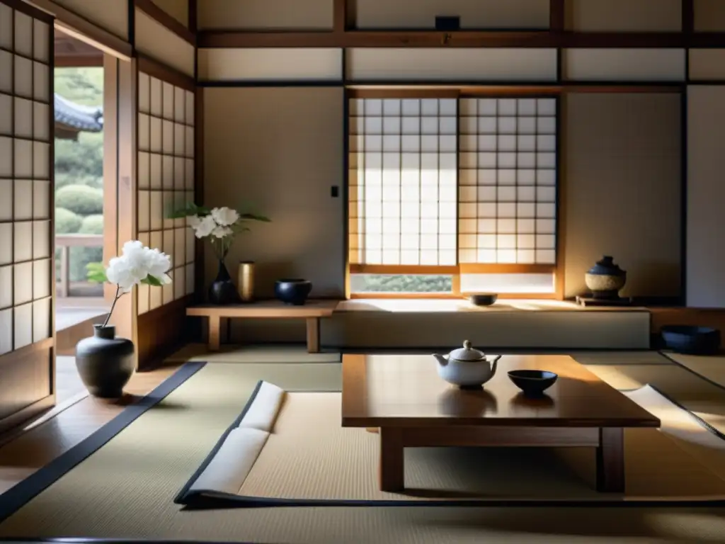 Una serena sala de té japonesa con decoración minimalista y luz natural, evocando la filosofía minimalista samurái