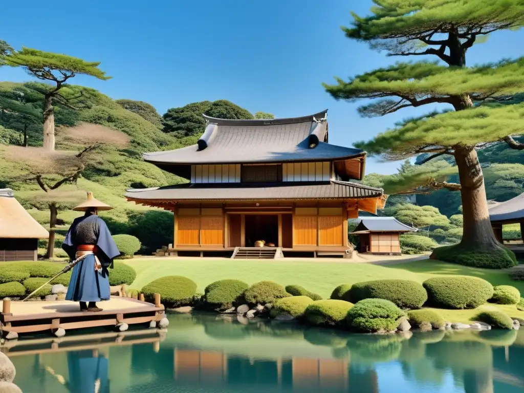 Sereno alojamiento para aves rapaces en Japón, con samurái entrenando majestuoso halcón entre pinos y estanque reflejando cielo azul