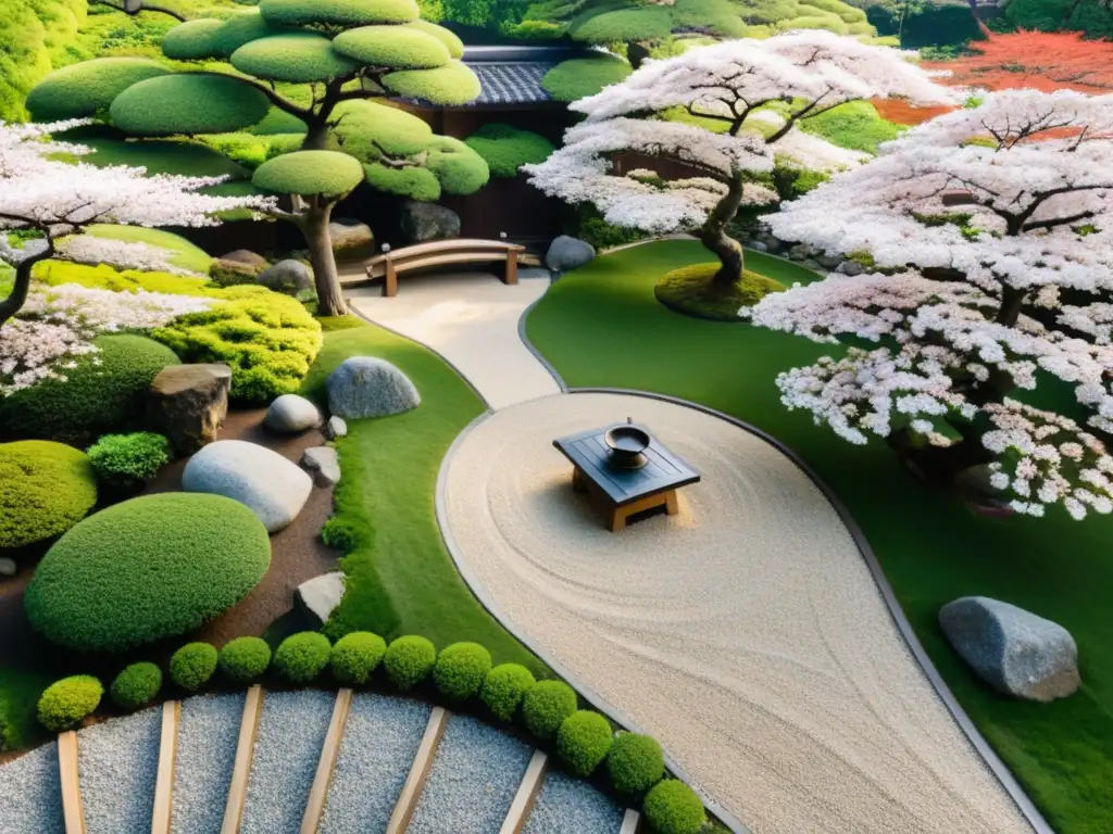 Jardín japonés sereno con casa de té, árboles de cerezo en flor y rocas