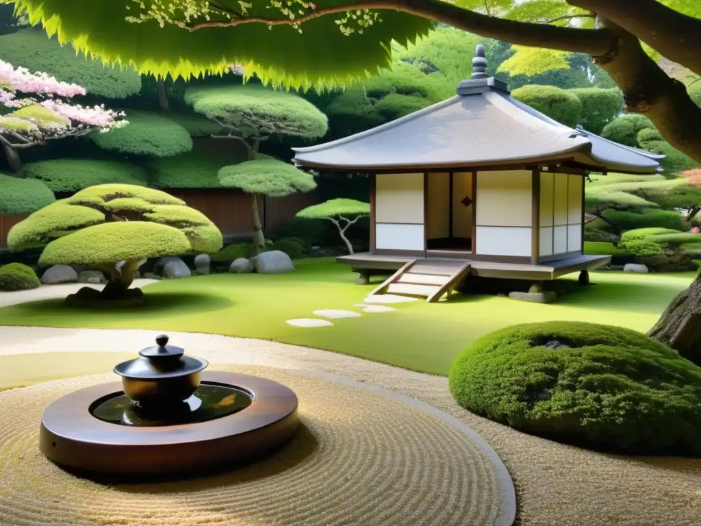 Jardín japonés sereno con casa de té y naturaleza exuberante, evocando retiros espirituales samurái meditación arte