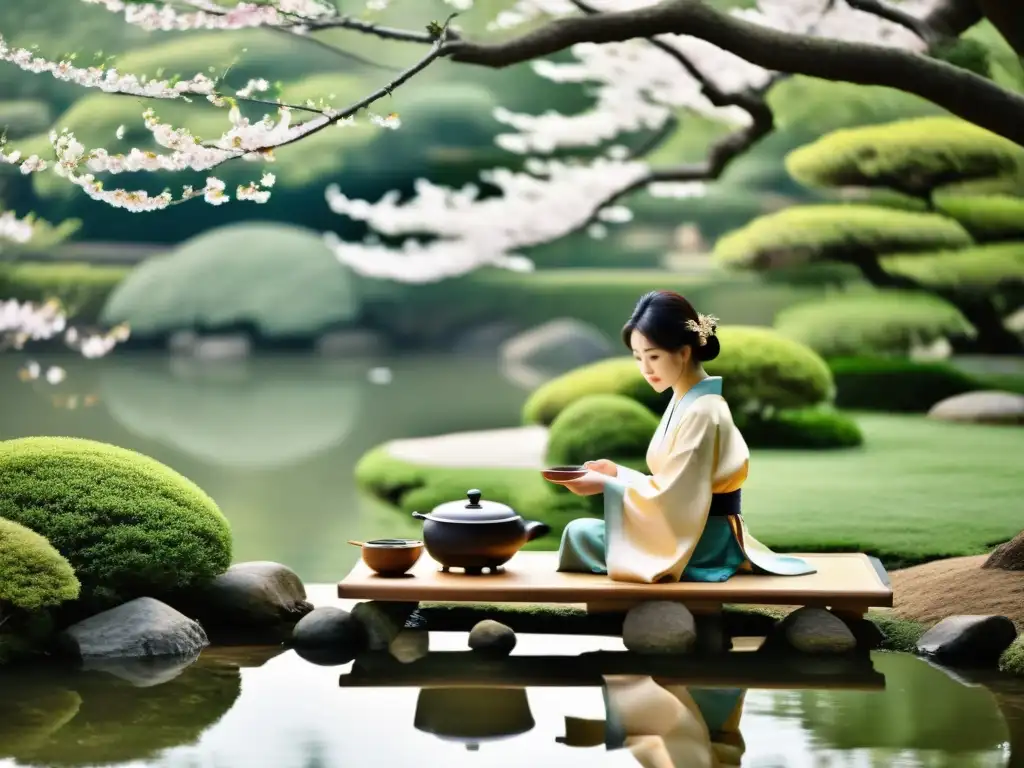 En un jardín sereno, se celebra una ceremonia del té japonesa con movimientos delicados y kimonos elegantes