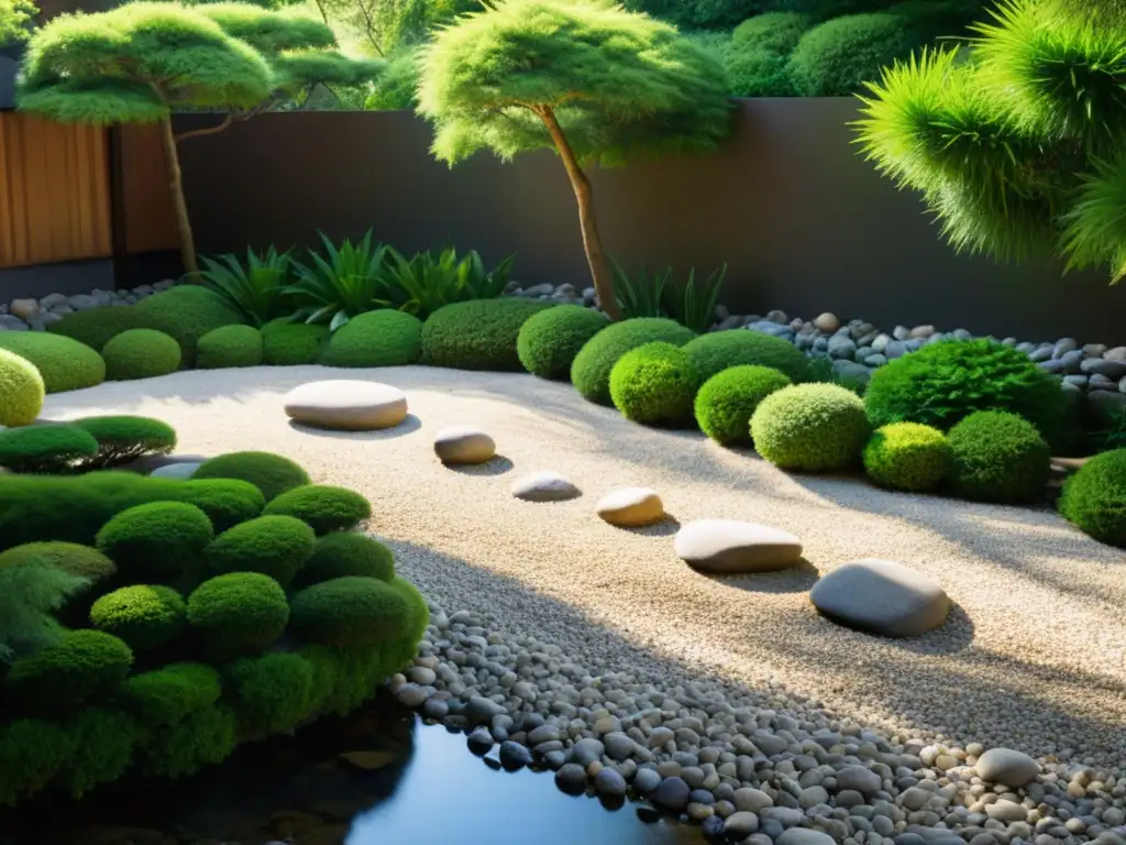 Un jardín Zen sereno con grava meticulosamente rastrillada, rocas cuidadosamente colocadas y un arroyo que serpentea entre piedras cubiertas de musgo