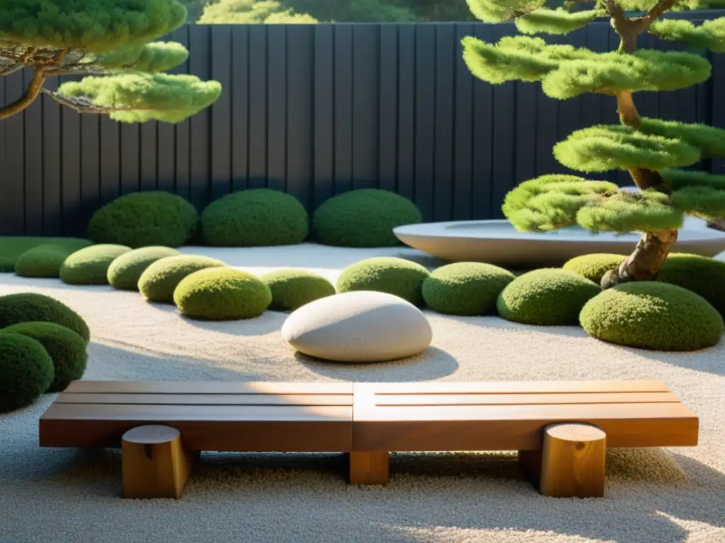 Jardín Zen sereno con bonsáis y templo japonés Un jardín zen sereno con gravilla blanca, bonsáis podados y luz suave