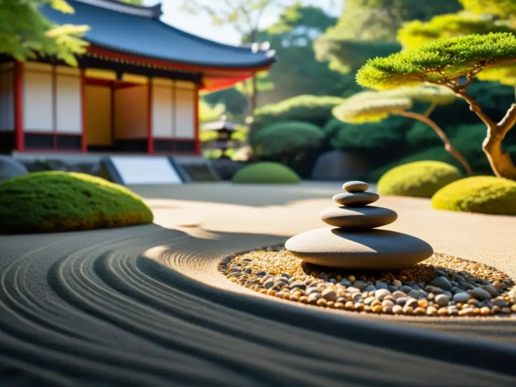 Un jardín Zen sereno con gravilla cuidadosamente rastrillada, rocas colocadas con precisión y un fondo de exuberante vegetación