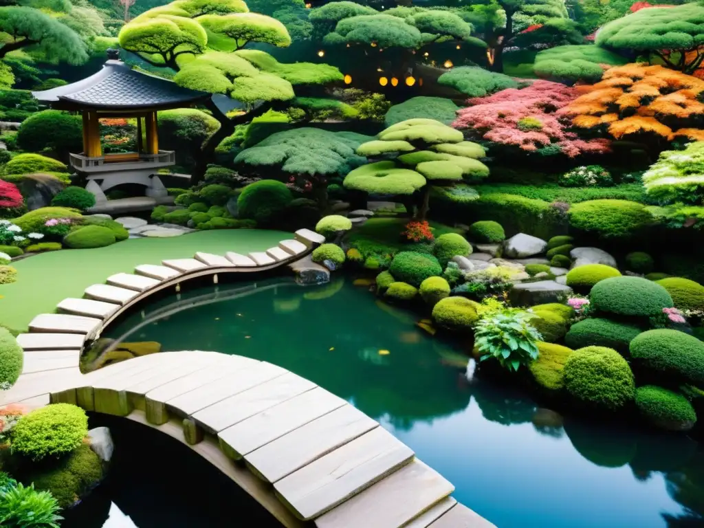 Jardín japonés sereno y hermoso, con camino de piedra, linternas, puente de madera sobre estanque de peces koi y cascada