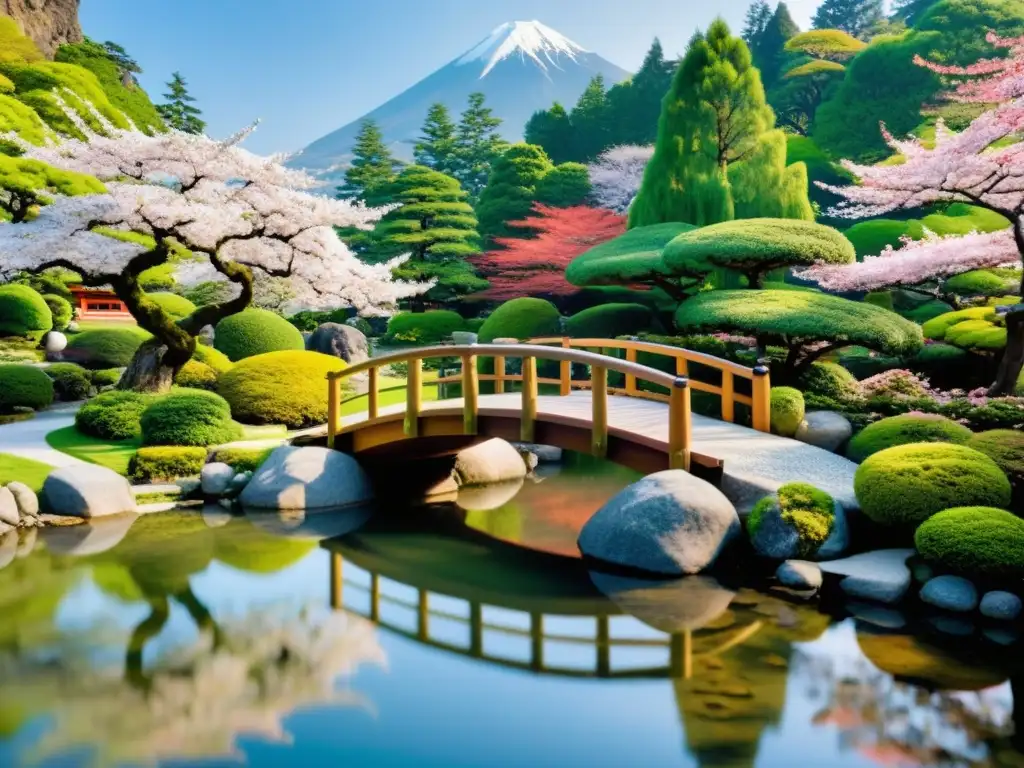 Jardín japonés sereno con puente arqueado, casa de té tradicional y paisaje montañoso