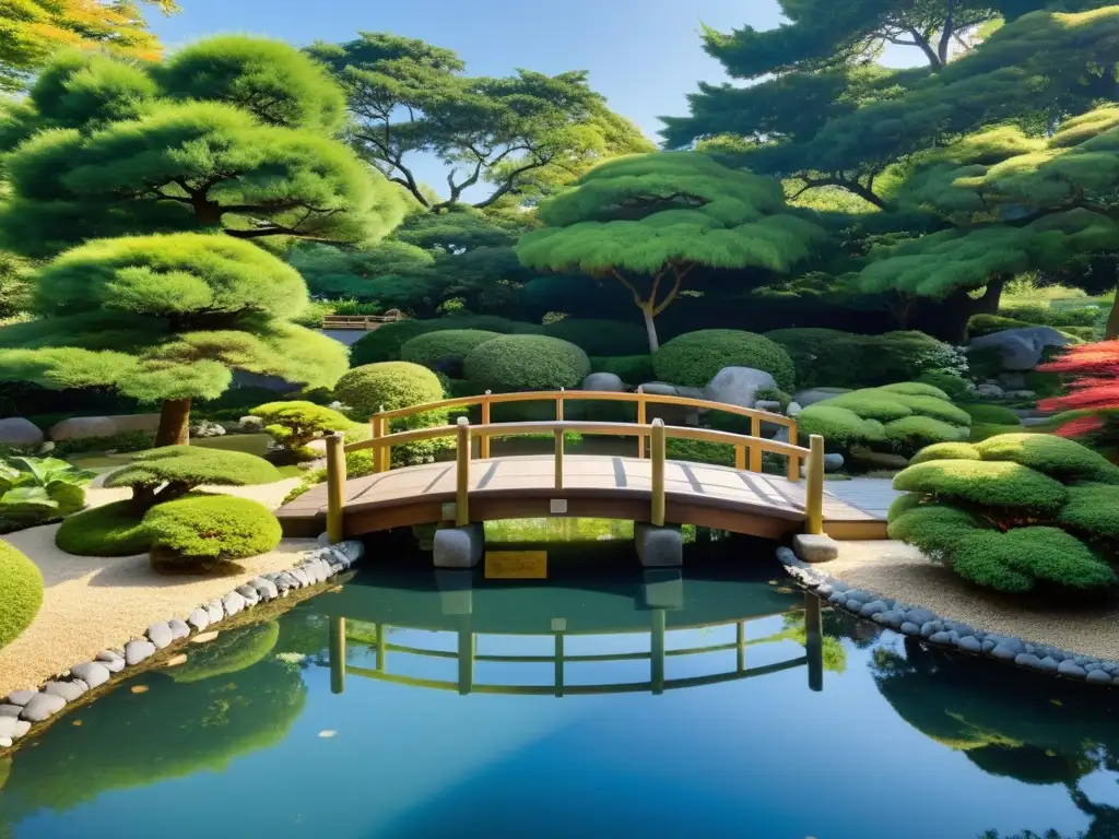 Jardín japonés sereno con puente de madera, koi y pagoda, reflejando la dualidad samurái en diseño de jardines