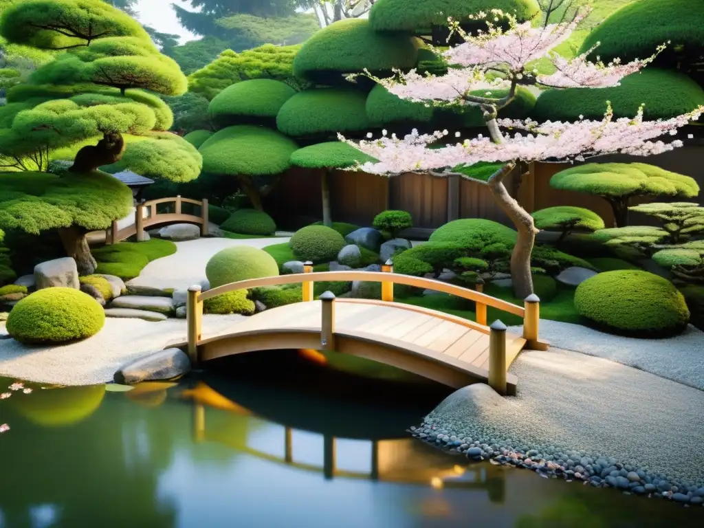 Jardín japonés sereno con puente de madera, piedras cubiertas de musgo y un estanque tranquilo