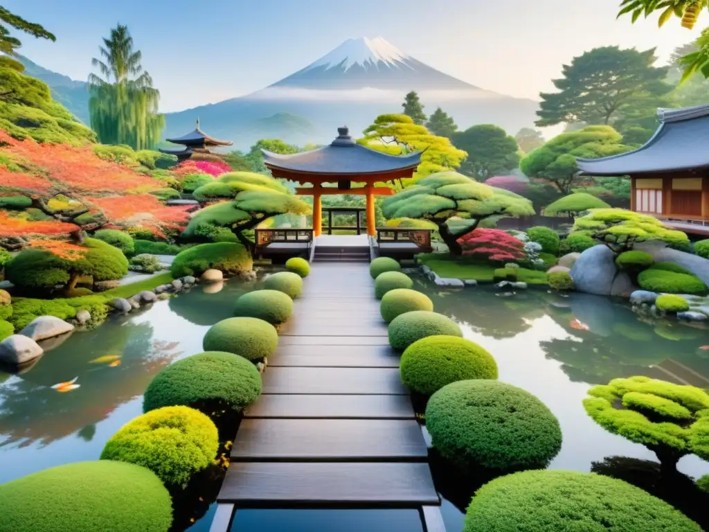 Jardín japonés sereno con puente de madera tradicional llevando a un templo tranquilo