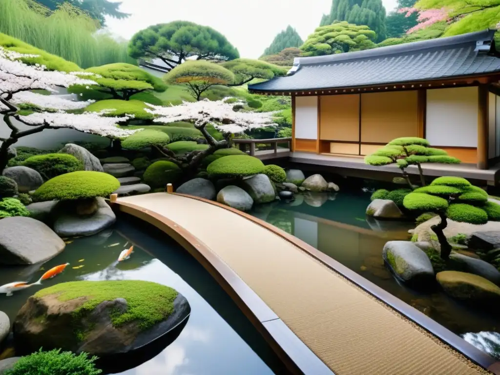 Jardín japonés sereno con puente de madera y teahouse