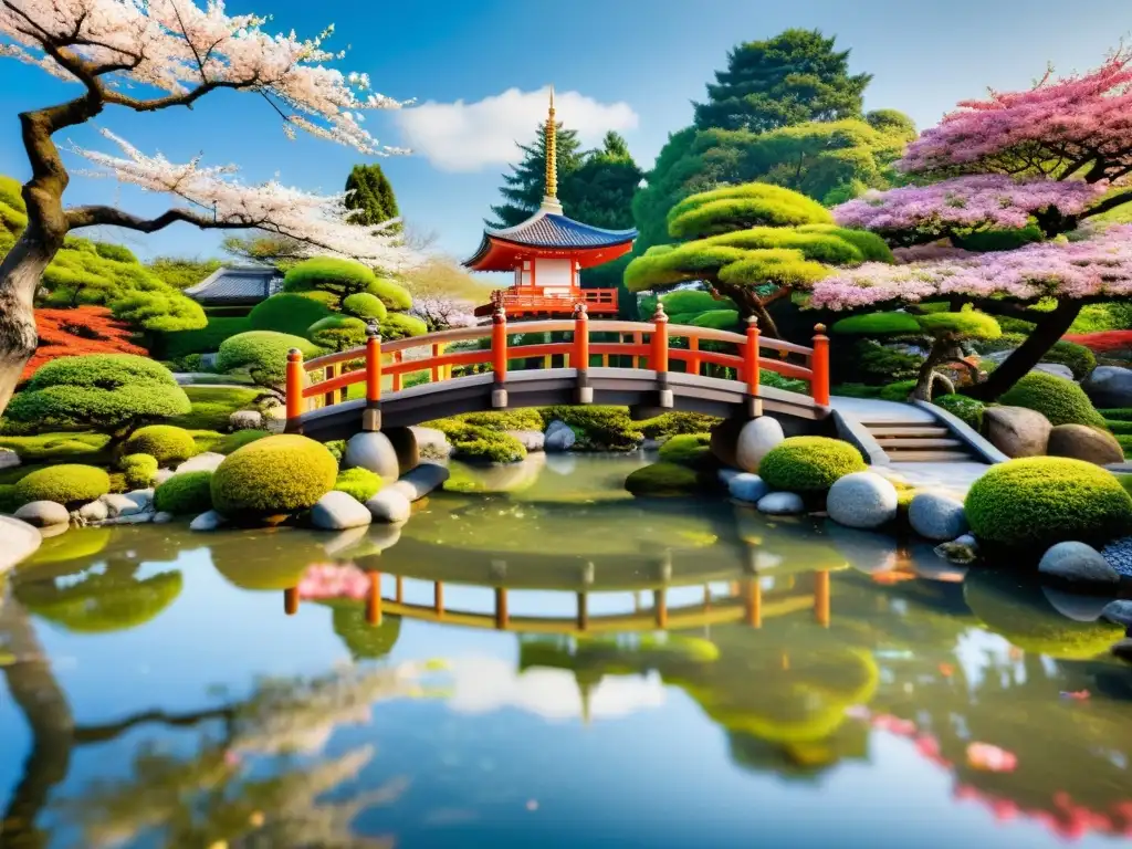 Jardín japonés sereno con puente, peces koi y pagoda entre bonsáis y sakuras