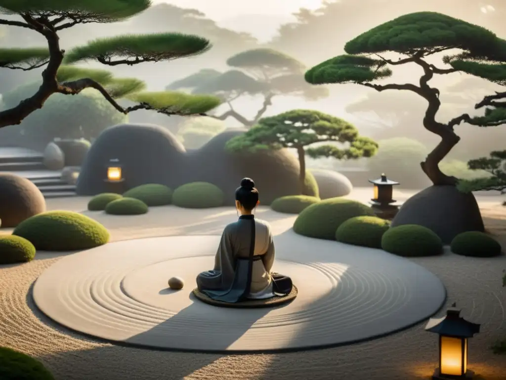 Un jardín Zen sereno con árboles bonsái, grava meticulosamente rastrillada y la suave luz de linternas