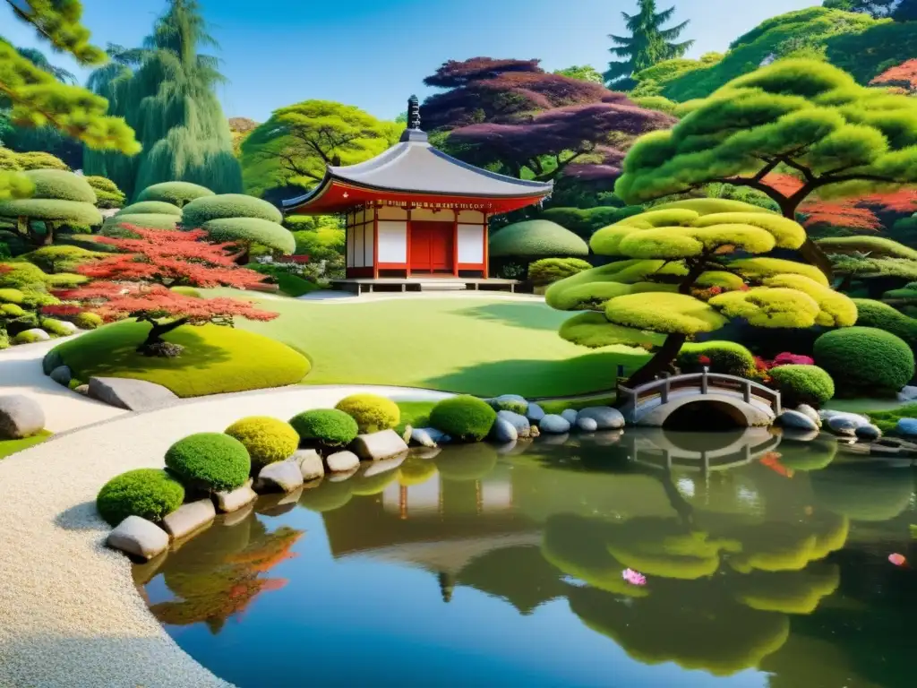 Jardín japonés sereno con filosofía samurái reflejada en paisaje armonioso y equilibrado, pagoda al fondo y flores vibrantes en plena floración