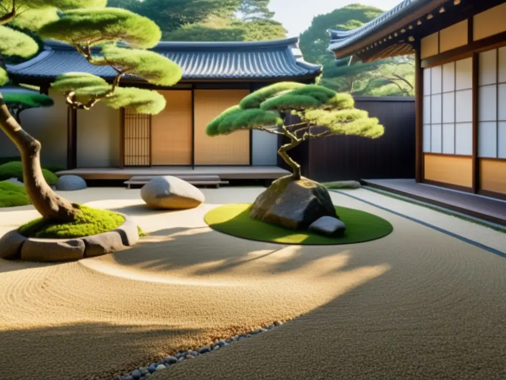 Un jardín Zen sereno con rocas, árboles y luz solar filtrada, perfecto para samuráis modernos