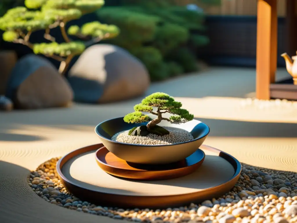 Un jardín zen sereno con rocas, bonsái y luz suave evoca la práctica meditativa del jardín zen samurái